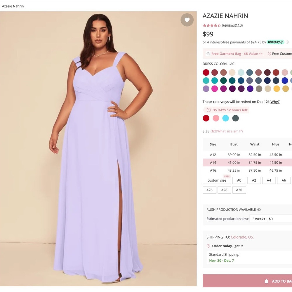 Azazie Nahrin dress, lilac, size A14, worn once, fits 5’9” height, dry cleaned